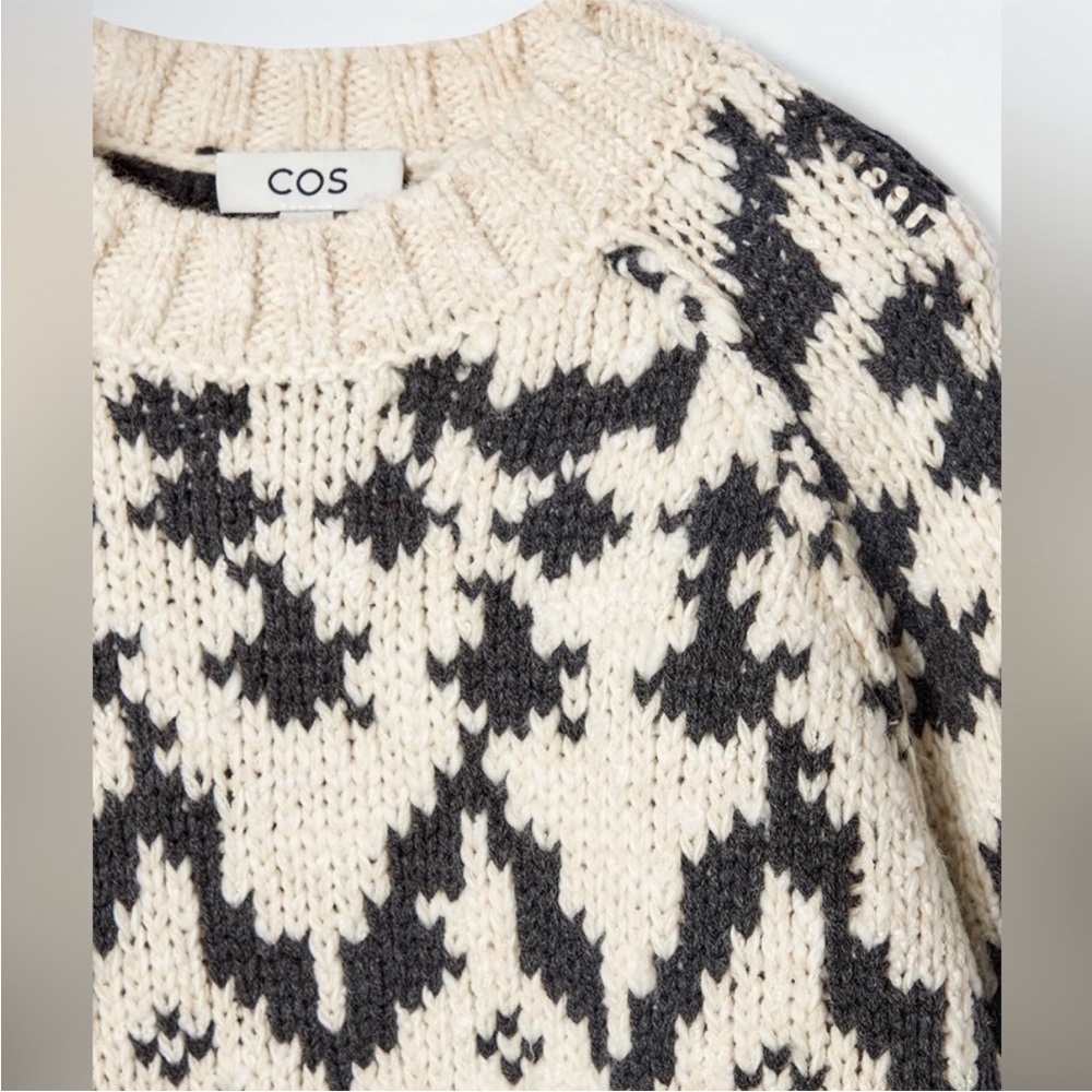 COS Fair Isle Chunky Crewneck Wool Sweater Cream Dark Grey Size XS - Picture 4 of 14